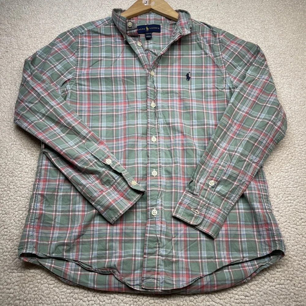 Ralph Lauren Button Down Boys L(14-16) Green Pink Plaid Long Sleeve Pony Shirt